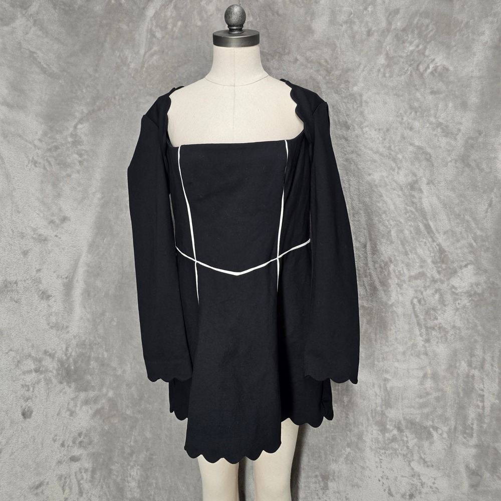 Maeve Mini Dress Women L Black Scalloped Contrast Square Neck Dark Academia LBD